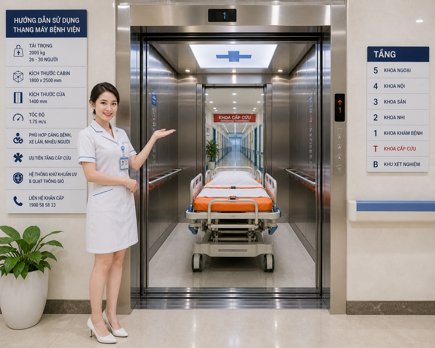 Nữ y tá đứng cạnh thang máy bệnh viện, bên trong có giường cấp cứu chuẩn bị di chuyển